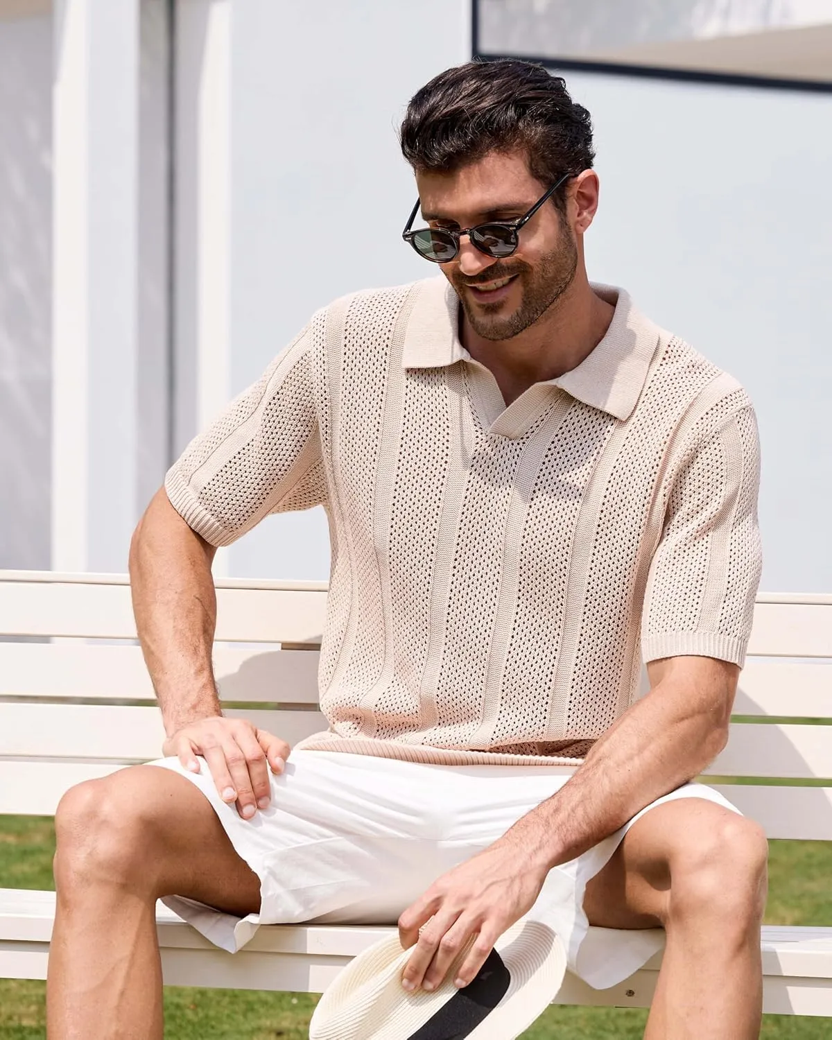 Kallspin Men's Knit Polo Shirt Casual Summer Beach Shirt Short Sleeve Textured Cotton Polo