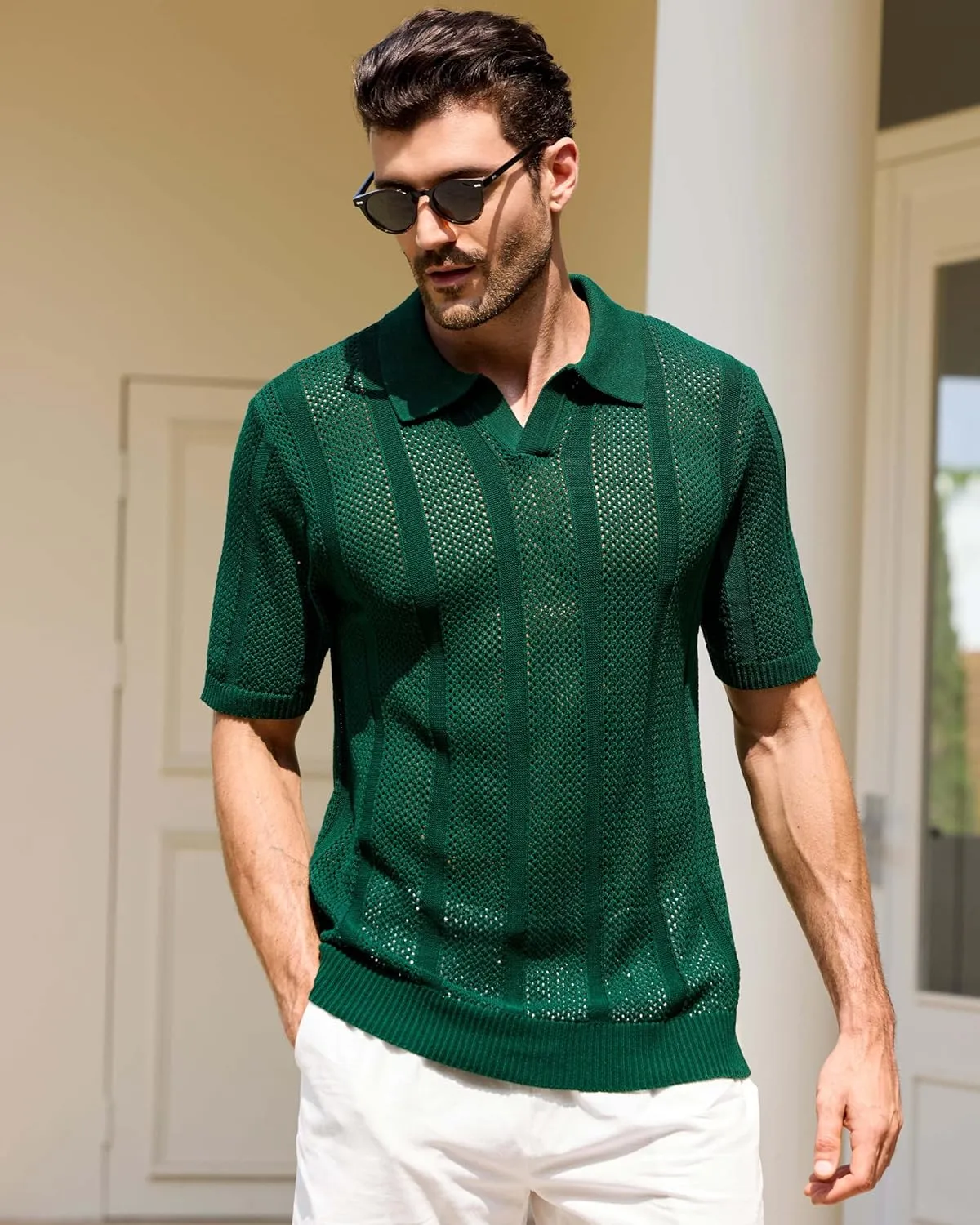 Kallspin Men's Knit Polo Shirt Casual Summer Beach Shirt Short Sleeve Textured Cotton Polo