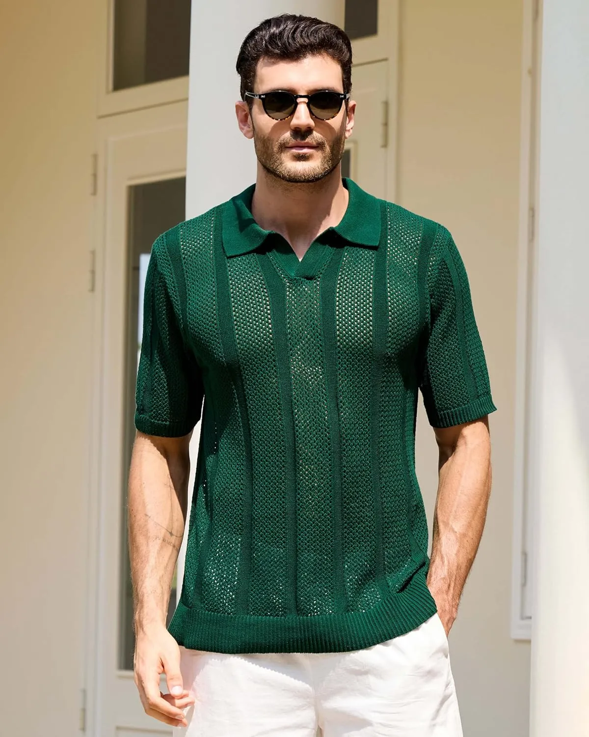 Kallspin Men's Knit Polo Shirt Casual Summer Beach Shirt Short Sleeve Textured Cotton Polo