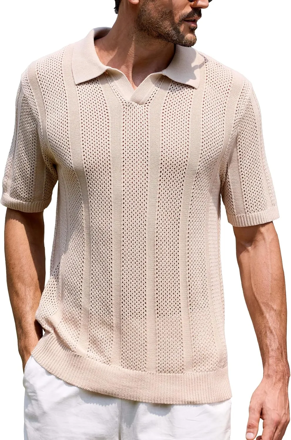 Kallspin Men's Knit Polo Shirt Casual Summer Beach Shirt Short Sleeve Textured Cotton Polo