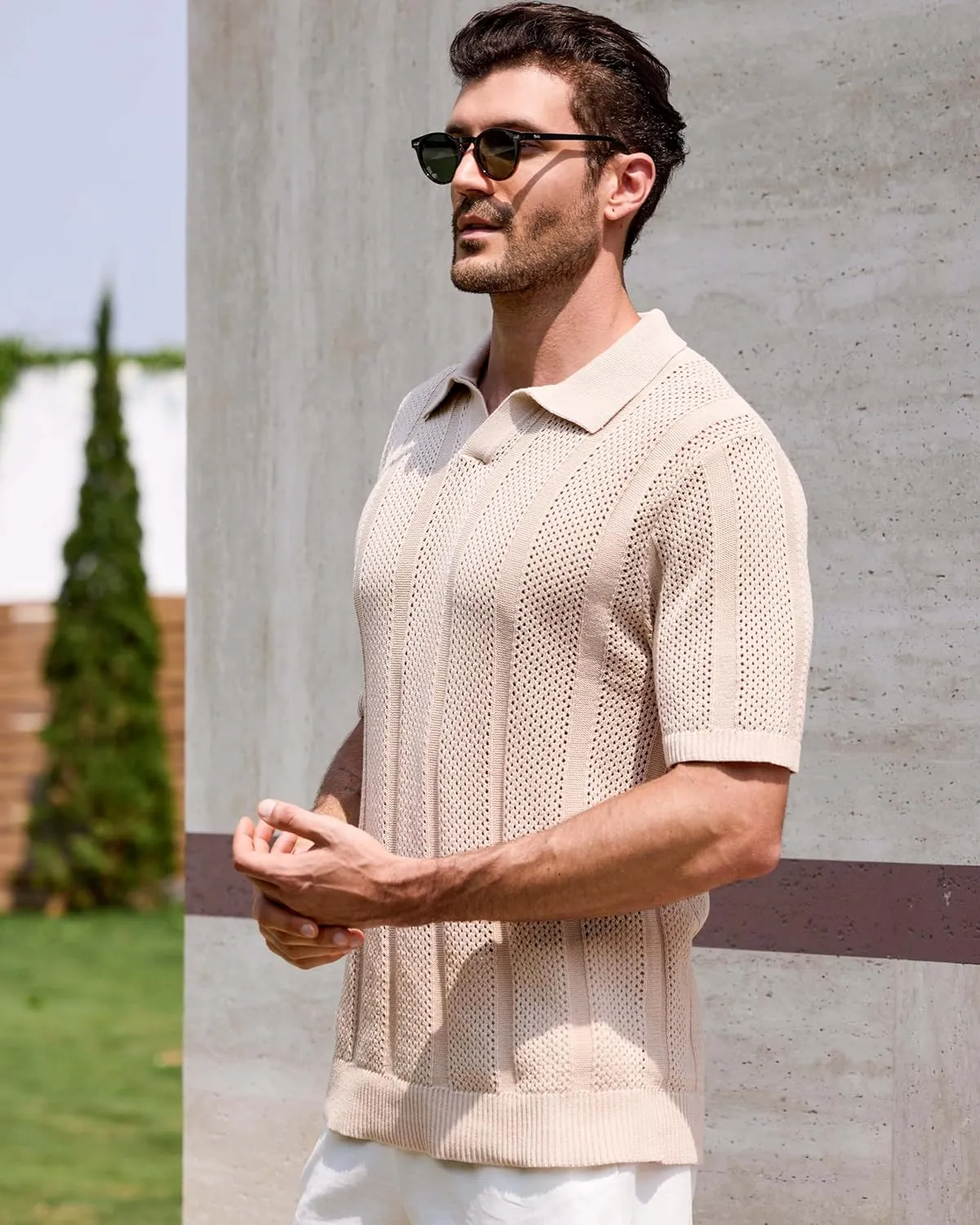 Kallspin Men's Knit Polo Shirt Casual Summer Beach Shirt Short Sleeve Textured Cotton Polo