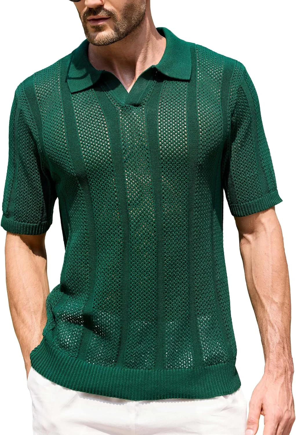 Kallspin Men's Knit Polo Shirt Casual Summer Beach Shirt Short Sleeve Textured Cotton Polo
