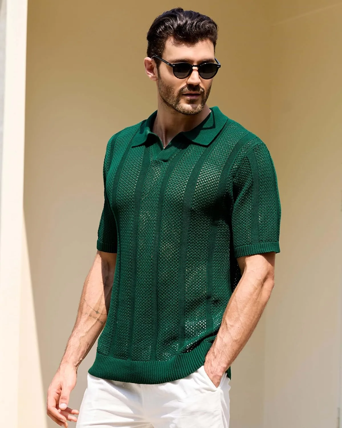 Kallspin Men's Knit Polo Shirt Casual Summer Beach Shirt Short Sleeve Textured Cotton Polo