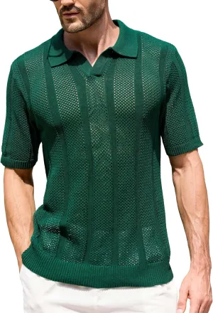Kallspin Men's Knit Polo Shirt Casual Summer Beach Shirt Short Sleeve Textured Cotton Polo