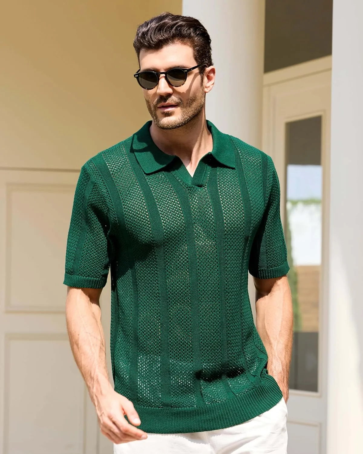 Kallspin Men's Knit Polo Shirt Casual Summer Beach Shirt Short Sleeve Textured Cotton Polo