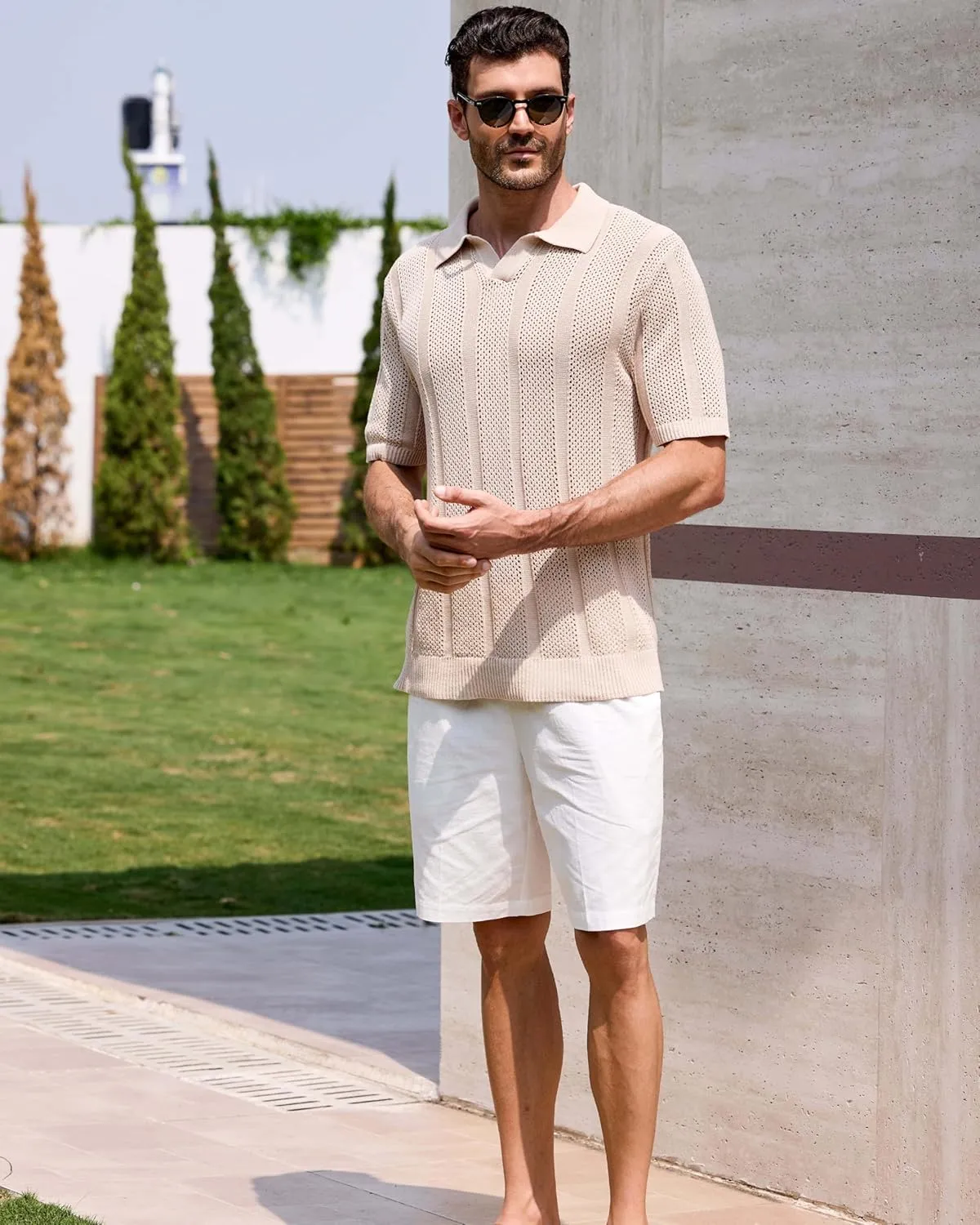 Kallspin Men's Knit Polo Shirt Casual Summer Beach Shirt Short Sleeve Textured Cotton Polo