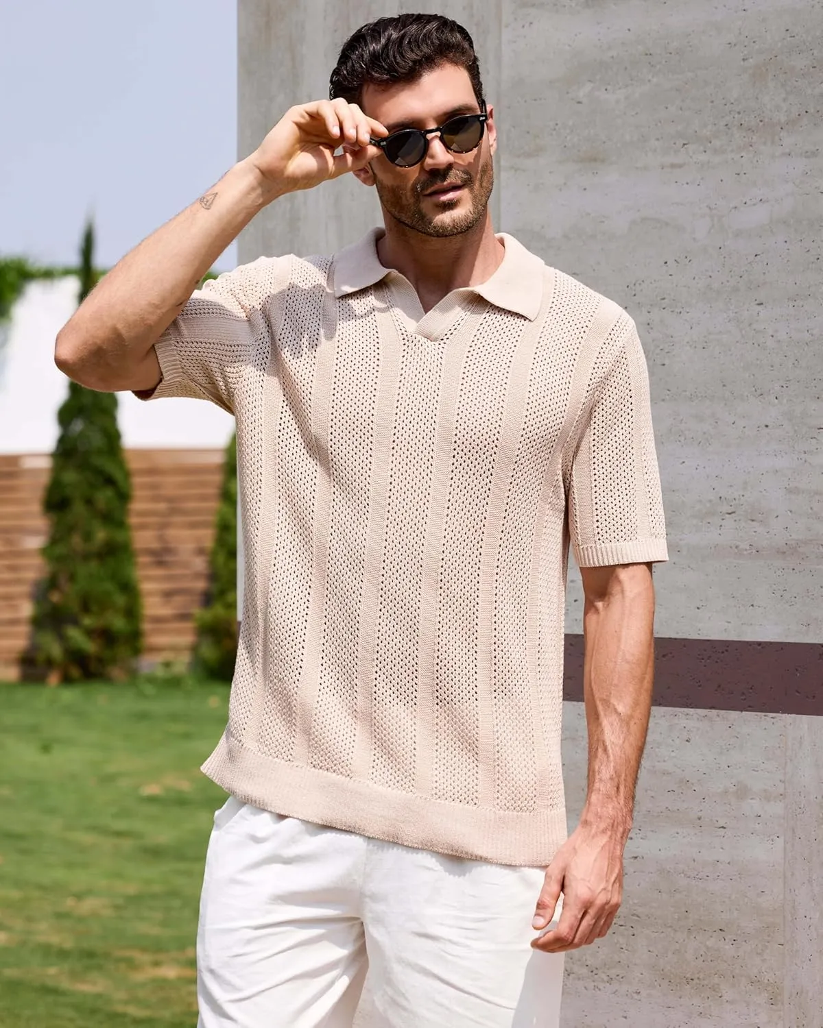 Kallspin Men's Knit Polo Shirt Casual Summer Beach Shirt Short Sleeve Textured Cotton Polo