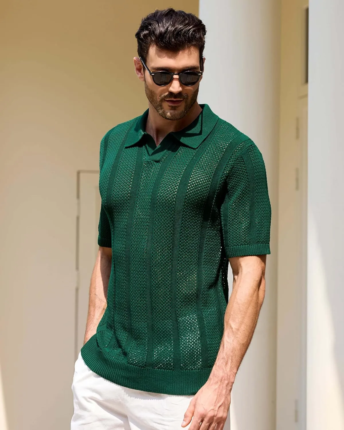 Kallspin Men's Knit Polo Shirt Casual Summer Beach Shirt Short Sleeve Textured Cotton Polo
