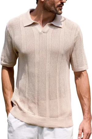 Kallspin Men's Knit Polo Shirt Casual Summer Beach Shirt Short Sleeve Textured Cotton Polo