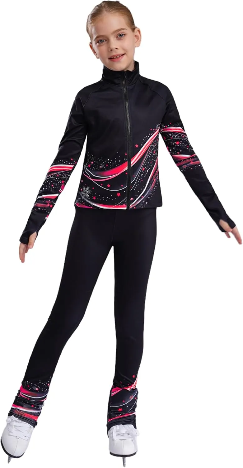 Kids Girls Ice Figure Skating Outfit 2 Piece Gym Workout Training Suit Long Sleeve Zip Sweatshirt and Pants