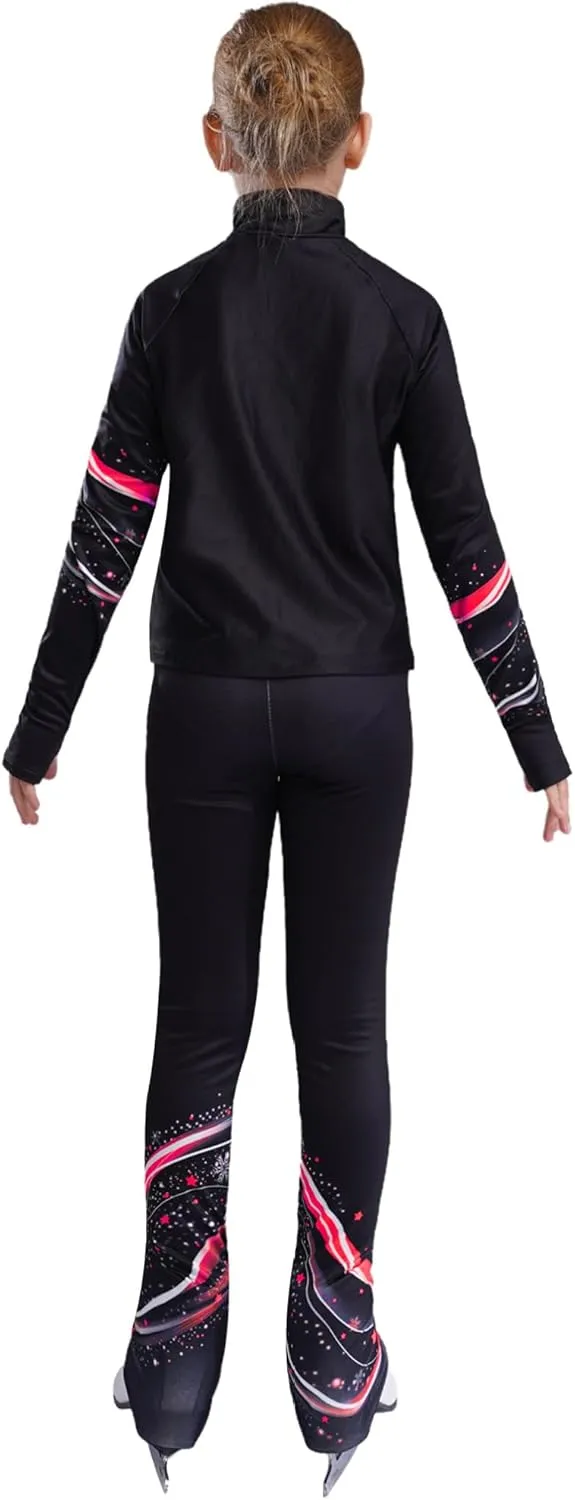 Kids Girls Ice Figure Skating Outfit 2 Piece Gym Workout Training Suit Long Sleeve Zip Sweatshirt and Pants