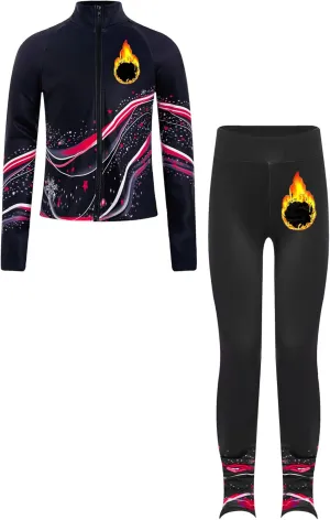 Kids Girls Ice Figure Skating Outfit 2 Piece Gym Workout Training Suit Long Sleeve Zip Sweatshirt and Pants