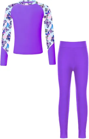 Kids Girls Rash Guard Swimsuit Long Sleeve Swim Tops with Long Pants 2 Piece Bathing Suit