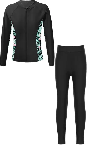 Kids Girls Rash Guard Swimsuit Long Sleeve Swim Tops with Long Pants 2 Piece Bathing Suit