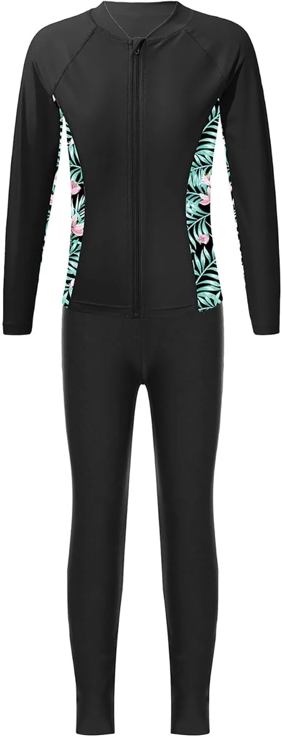 Kids Girls Rash Guard Swimsuit Long Sleeve Swim Tops with Long Pants 2 Piece Bathing Suit