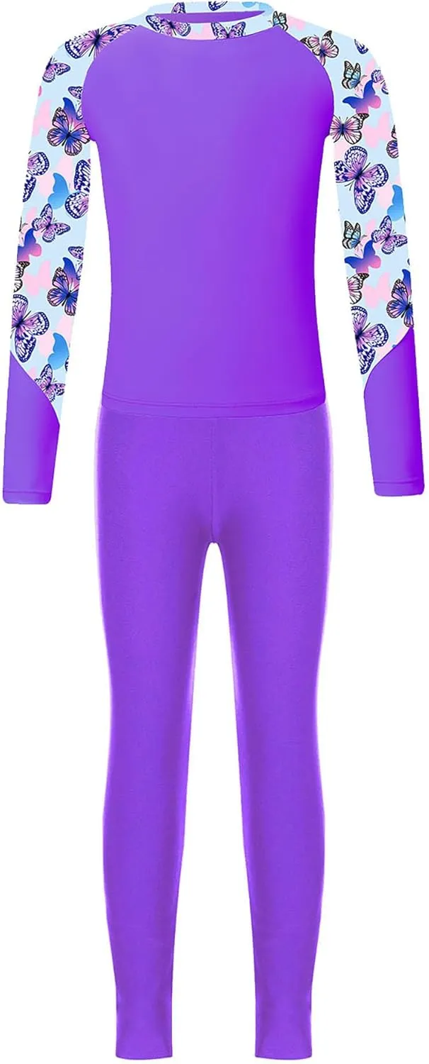 Kids Girls Rash Guard Swimsuit Long Sleeve Swim Tops with Long Pants 2 Piece Bathing Suit