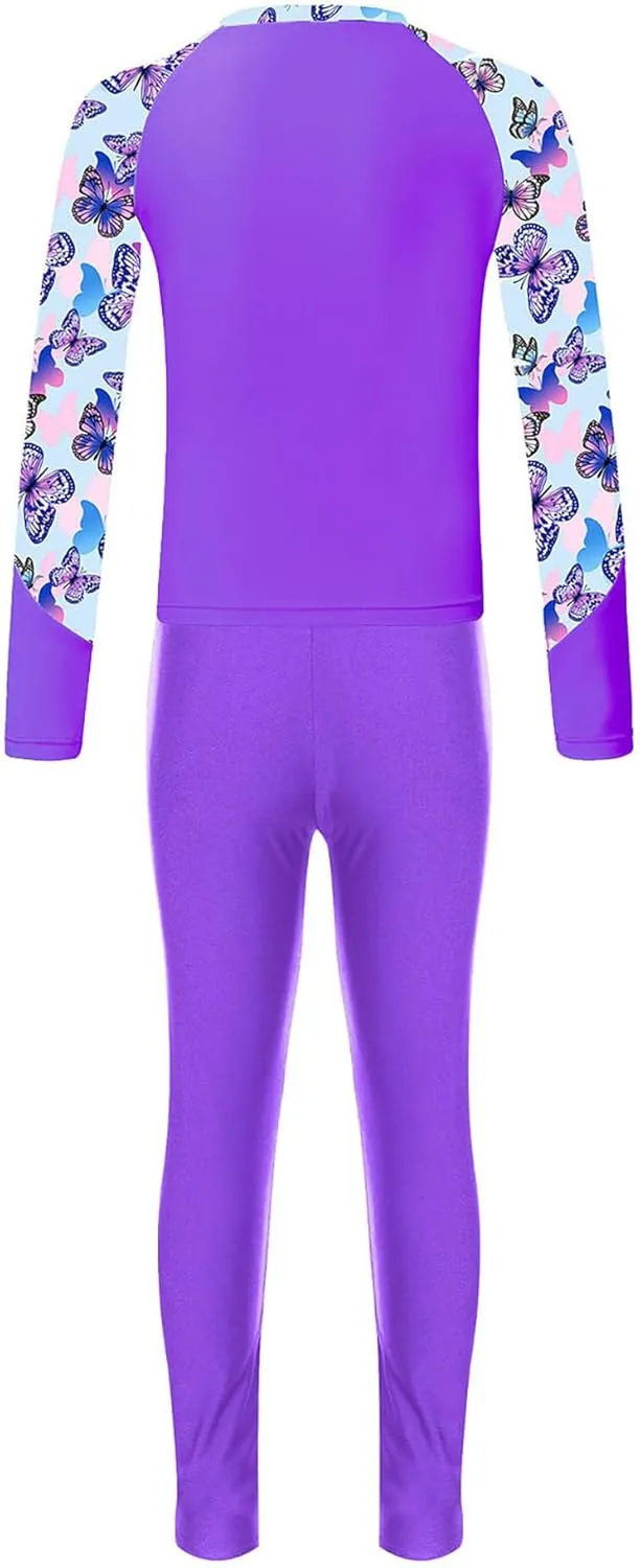Kids Girls Rash Guard Swimsuit Long Sleeve Swim Tops with Long Pants 2 Piece Bathing Suit