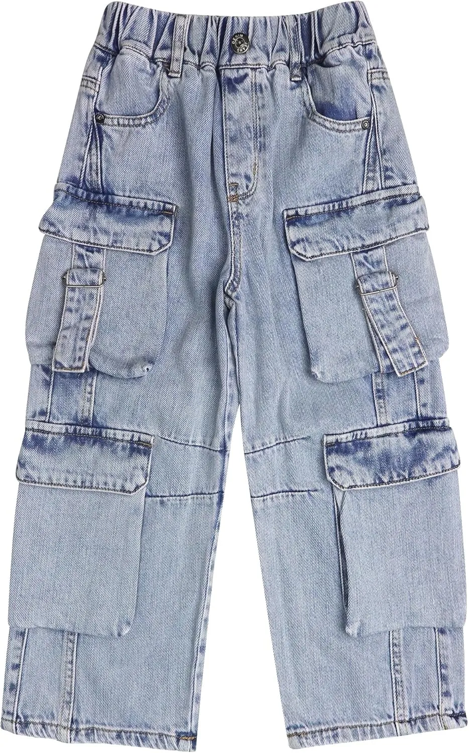 KIDSCOOL SPACE 8-Pocket Girls Wide-Leg Denim Pants, 5-14T Ribbed Elastic Waist with D-Ring Loops Cargo Jeans