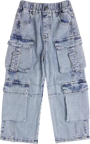 KIDSCOOL SPACE 8-Pocket Girls Wide-Leg Denim Pants, 5-14T Ribbed Elastic Waist with D-Ring Loops Cargo Jeans