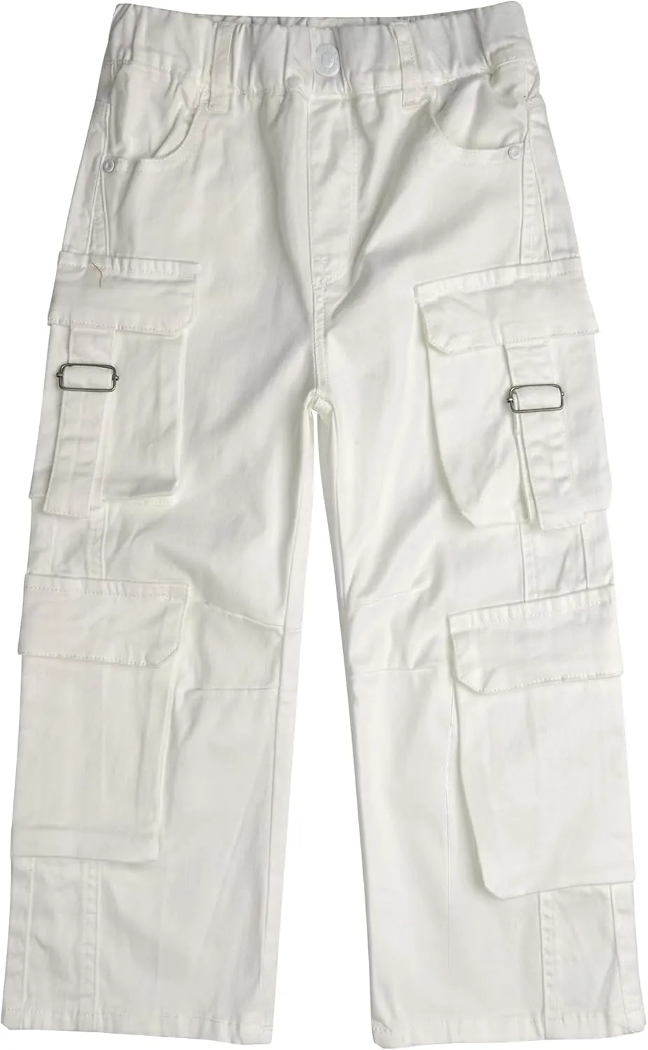 KIDSCOOL SPACE 8-Pocket Girls Wide-Leg Denim Pants, 5-14T Ribbed Elastic Waist with D-Ring Loops Cargo Jeans