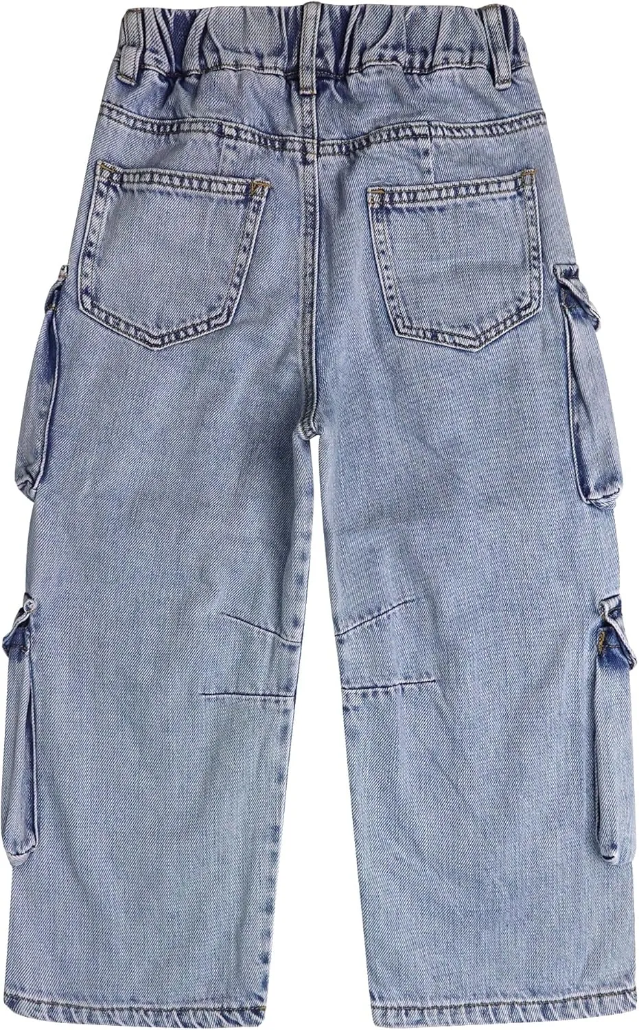 KIDSCOOL SPACE 8-Pocket Girls Wide-Leg Denim Pants, 5-14T Ribbed Elastic Waist with D-Ring Loops Cargo Jeans