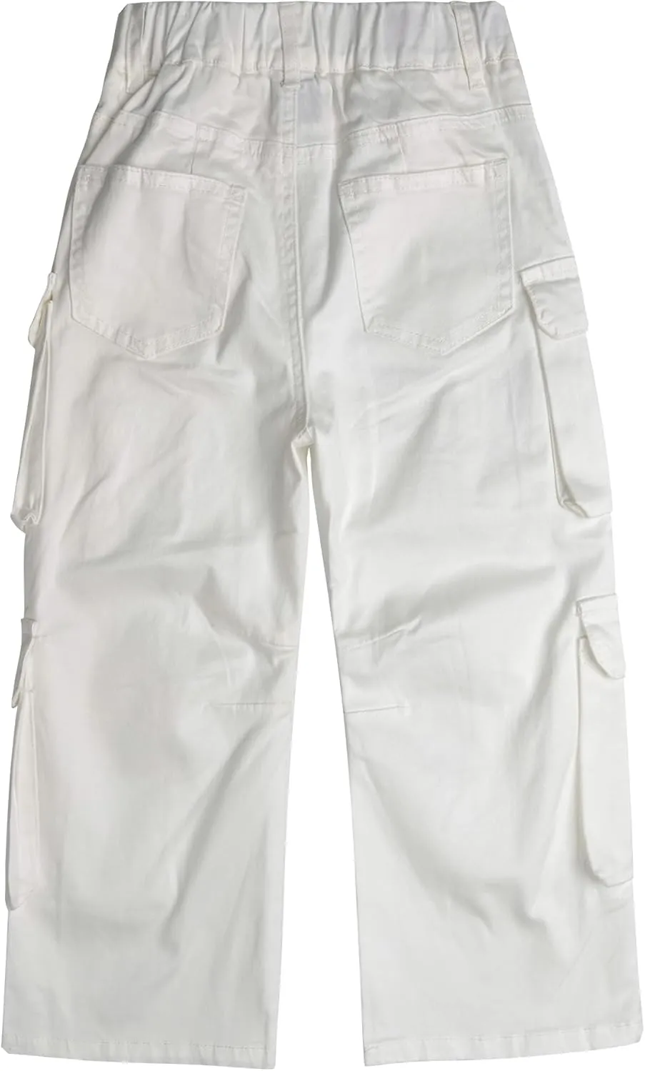 KIDSCOOL SPACE 8-Pocket Girls Wide-Leg Denim Pants, 5-14T Ribbed Elastic Waist with D-Ring Loops Cargo Jeans