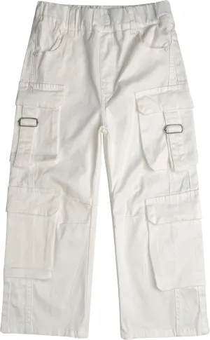 KIDSCOOL SPACE 8-Pocket Girls Wide-Leg Denim Pants, 5-14T Ribbed Elastic Waist with D-Ring Loops Cargo Jeans