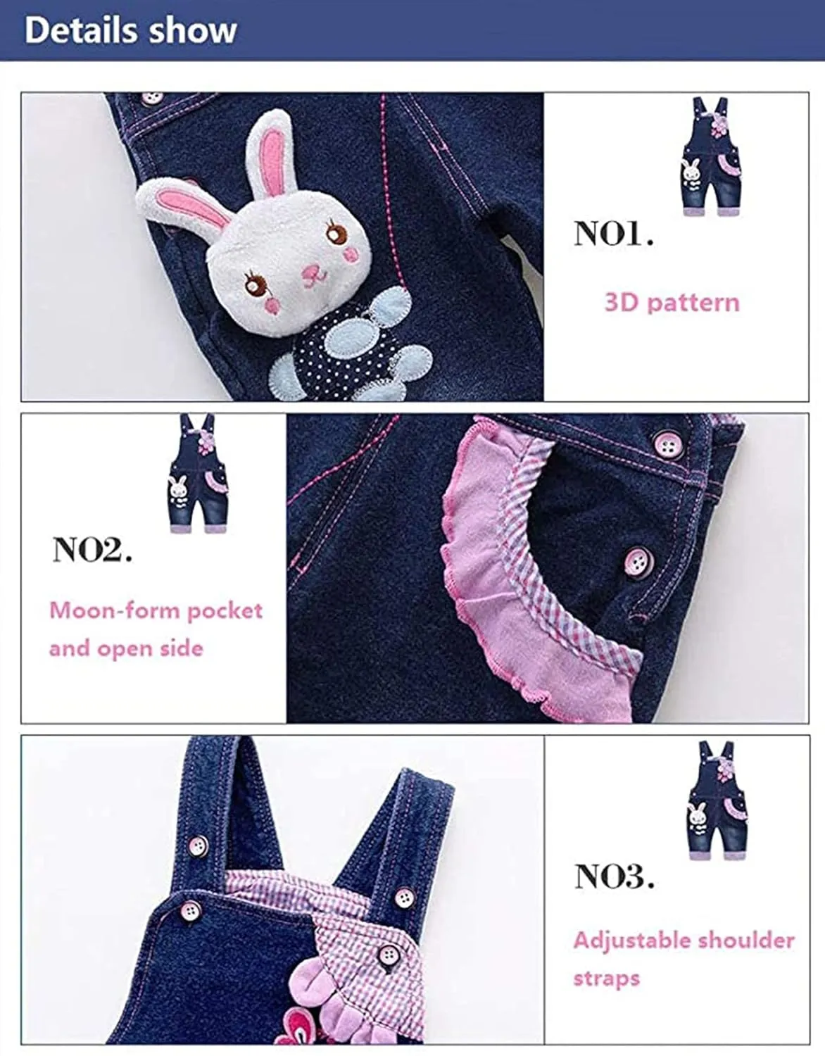KIDSCOOL SPACE Baby Girl Jean Overalls,Toddler Denim Cute 3D Bunny Outfit