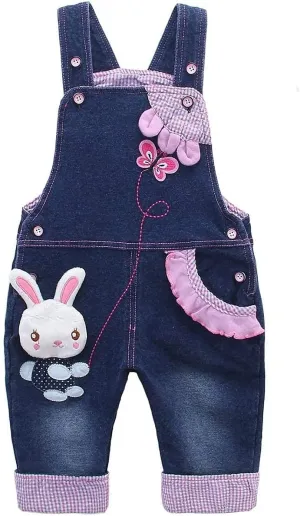 KIDSCOOL SPACE Baby Girl Jean Overalls,Toddler Denim Cute 3D Bunny Outfit