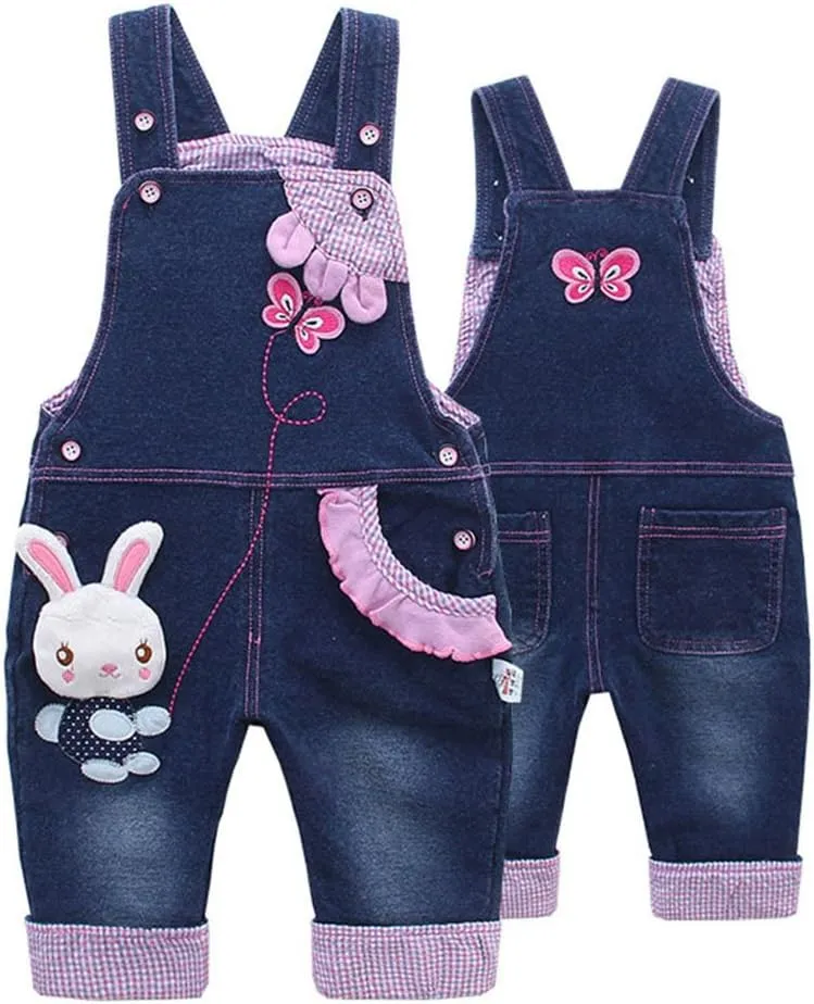 KIDSCOOL SPACE Baby Girl Jean Overalls,Toddler Denim Cute 3D Bunny Outfit