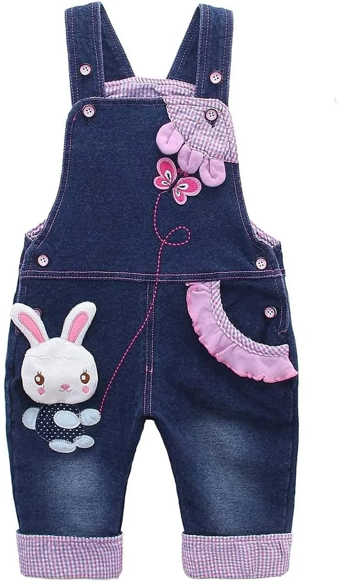 KIDSCOOL SPACE Baby Girl Jean Overalls,Toddler Denim Cute 3D Bunny Outfit