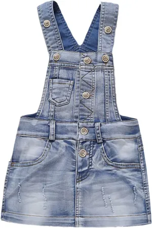 KIDSCOOL SPACE Baby Girls Overalls Jean Dress, Flower Embroidered Double Color Spliced Tulle Skirts