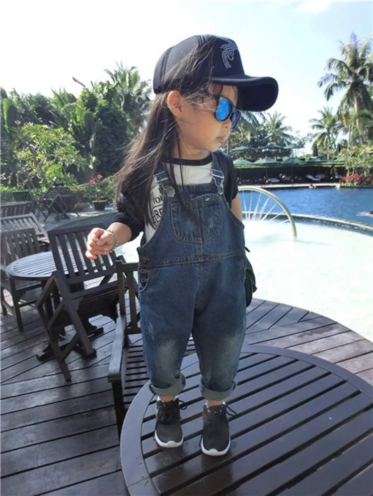 KIDSCOOL SPACE Baby Little Snap Leg/Crotch Mettal Buttons Reipped Denim Overalls