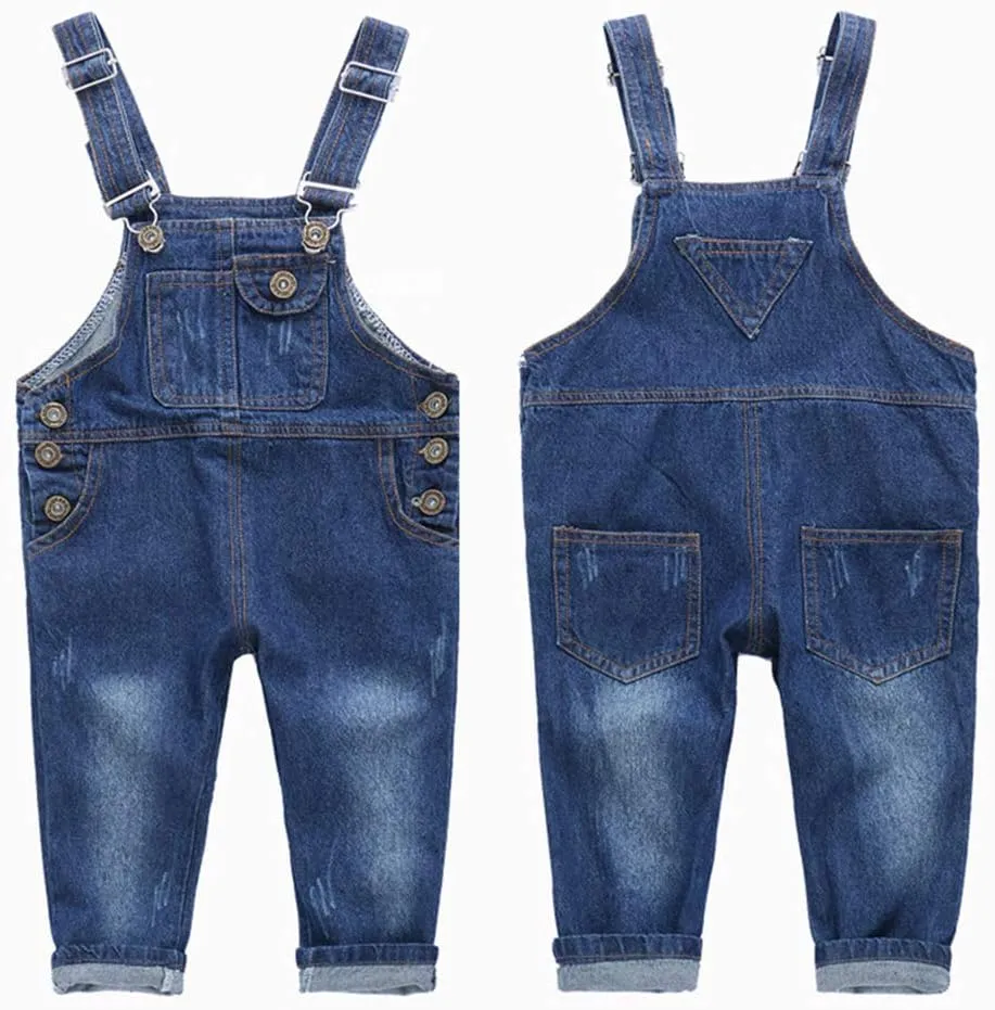 KIDSCOOL SPACE Baby Little Snap Leg/Crotch Mettal Buttons Reipped Denim Overalls