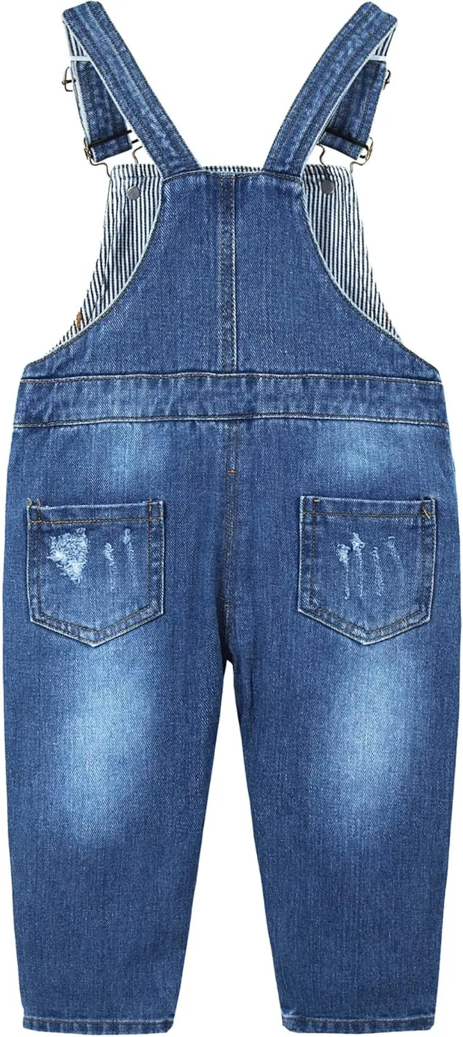 KIDSCOOL SPACE Baby Little Snap Leg/Crotch Mettal Buttons Reipped Denim Overalls
