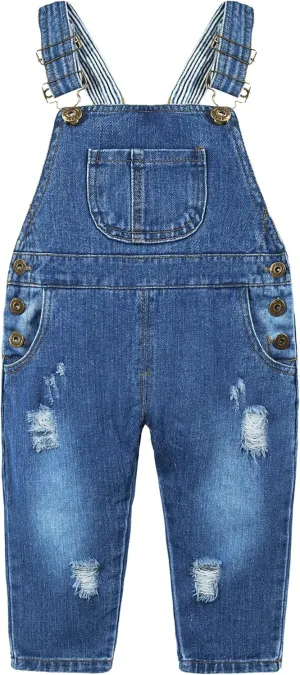 KIDSCOOL SPACE Baby Little Snap Leg/Crotch Mettal Buttons Reipped Denim Overalls