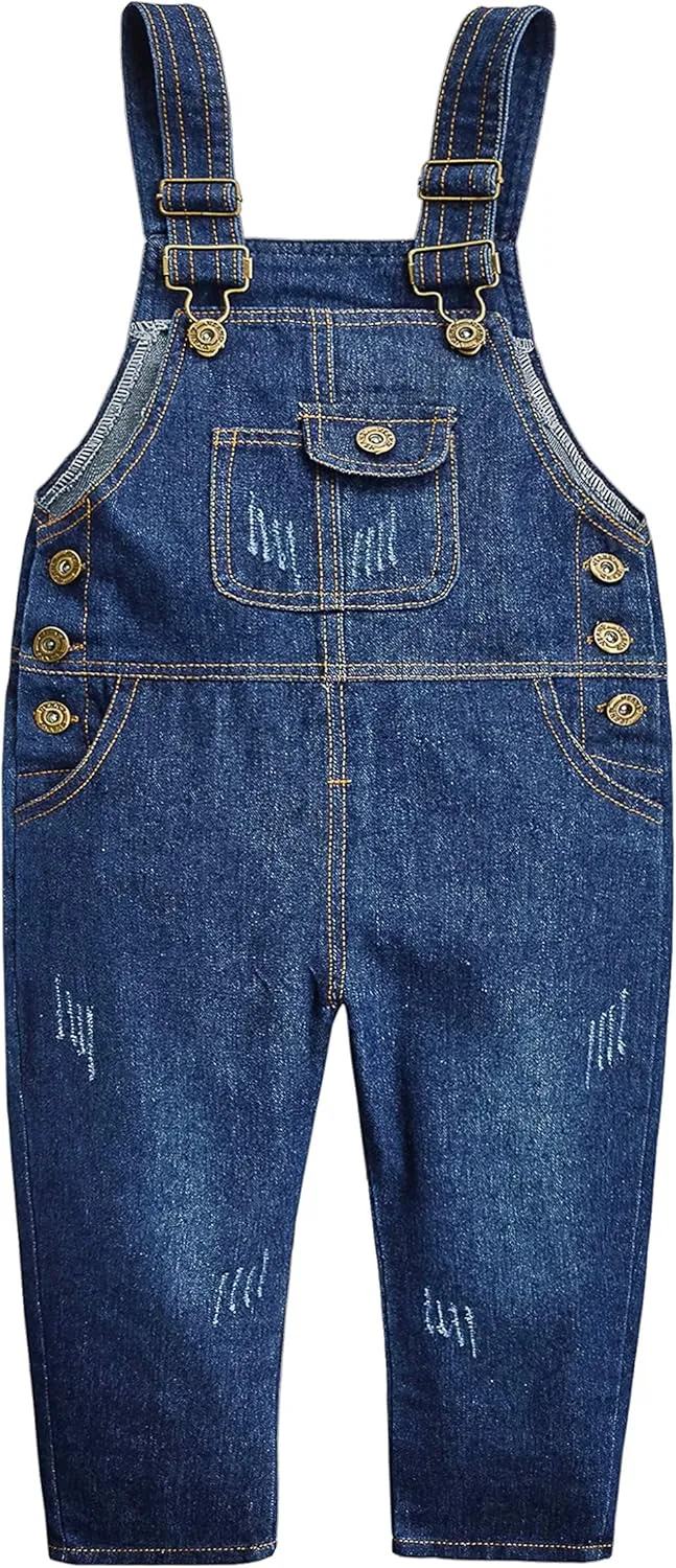 KIDSCOOL SPACE Baby Little Snap Leg/Crotch Mettal Buttons Reipped Denim Overalls