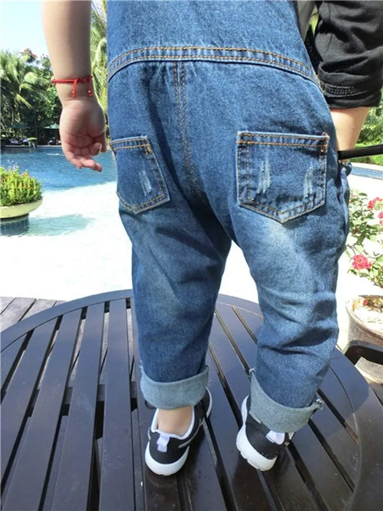 KIDSCOOL SPACE Baby Little Snap Leg/Crotch Mettal Buttons Reipped Denim Overalls