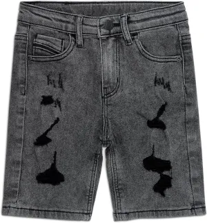 KIDSCOOL SPACE Boys Slim Fit Mid-Thigh Denim Shorts, Ripped Soft Elastic Band Inside Half Jean Pants