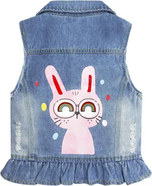 KIDSCOOL SPACE Girl Denim Vest, Round Collared Lace Sleeveless Jeans Tops