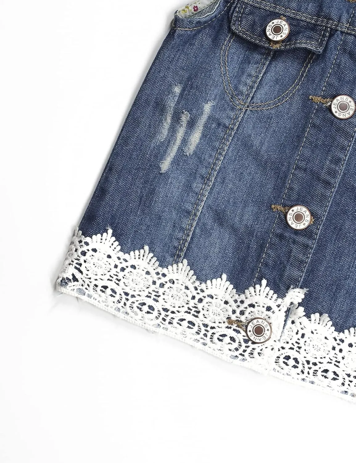 KIDSCOOL SPACE Girl Denim Vest, Round Collared Lace Sleeveless Jeans Tops