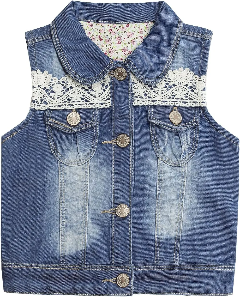 KIDSCOOL SPACE Girl Denim Vest, Round Collared Lace Sleeveless Jeans Tops