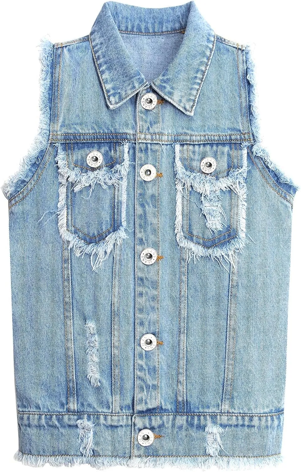 KIDSCOOL SPACE Girl Denim Vest, Round Collared Lace Sleeveless Jeans Tops