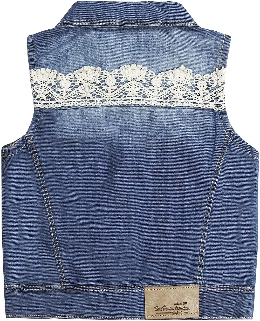 KIDSCOOL SPACE Girl Denim Vest, Round Collared Lace Sleeveless Jeans Tops