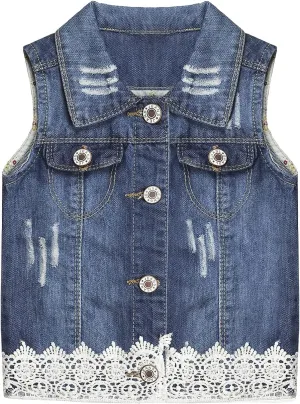 KIDSCOOL SPACE Girl Denim Vest, Round Collared Lace Sleeveless Jeans Tops
