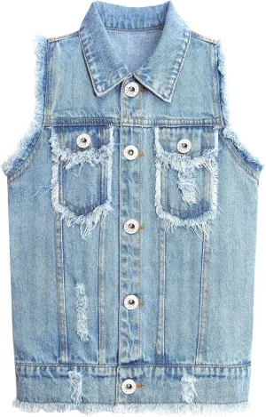 KIDSCOOL SPACE Girl Denim Vest, Round Collared Lace Sleeveless Jeans Tops