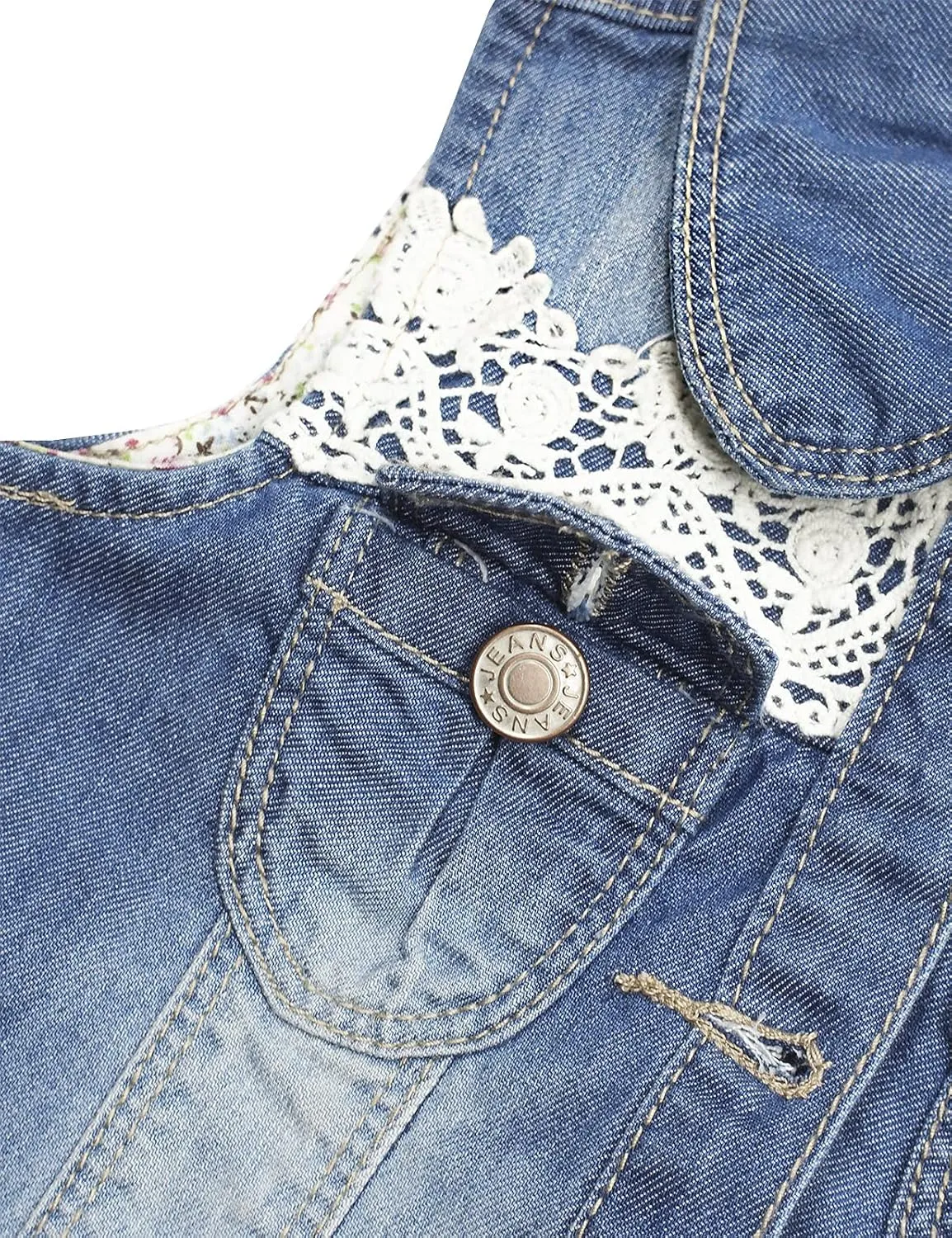KIDSCOOL SPACE Girl Denim Vest, Round Collared Lace Sleeveless Jeans Tops