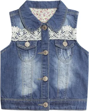 KIDSCOOL SPACE Girl Denim Vest, Round Collared Lace Sleeveless Jeans Tops