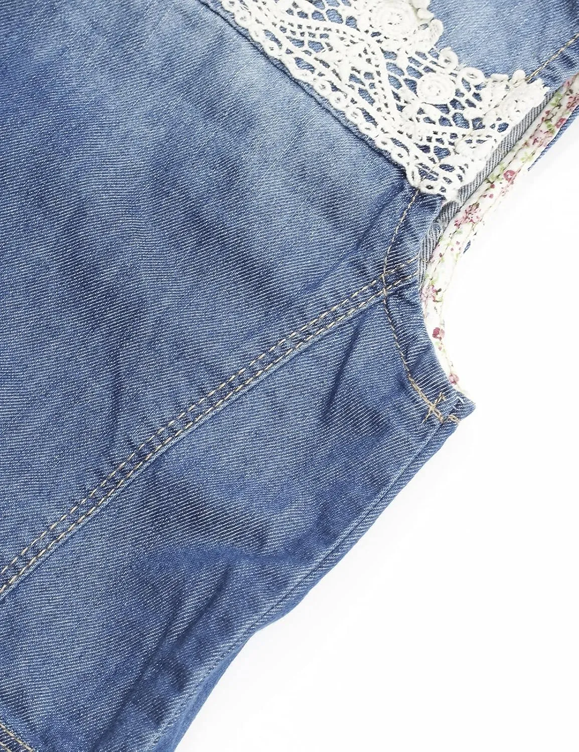 KIDSCOOL SPACE Girl Denim Vest, Round Collared Lace Sleeveless Jeans Tops