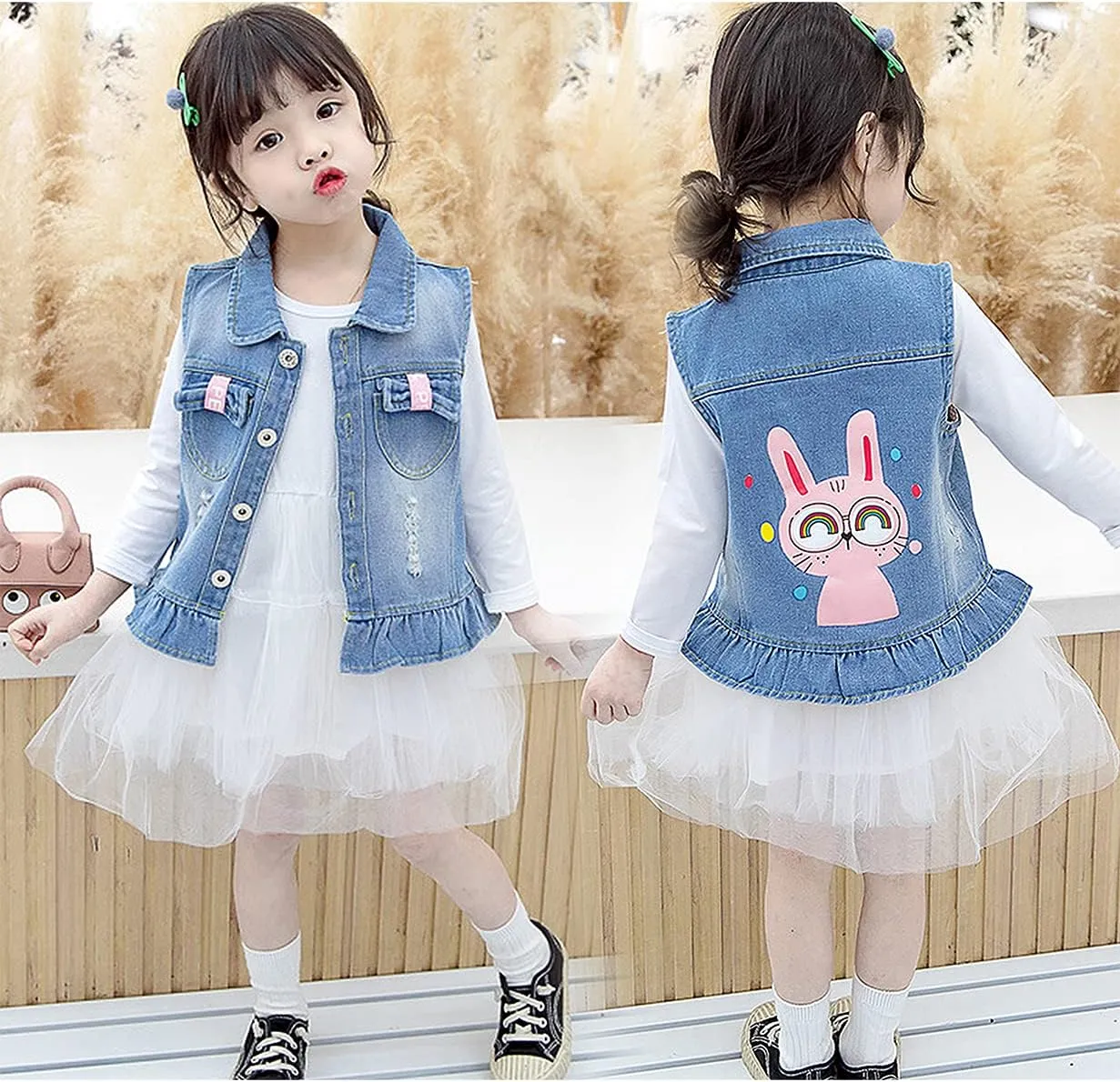 KIDSCOOL SPACE Girl Denim Vest, Round Collared Lace Sleeveless Jeans Tops